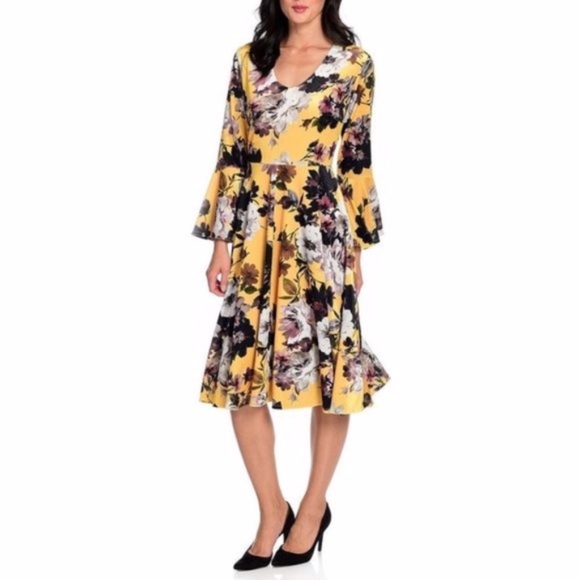 Marc Bouwer Yellow Velvet Floral Bell Sleeve Dress XL - Picture 1 of 9